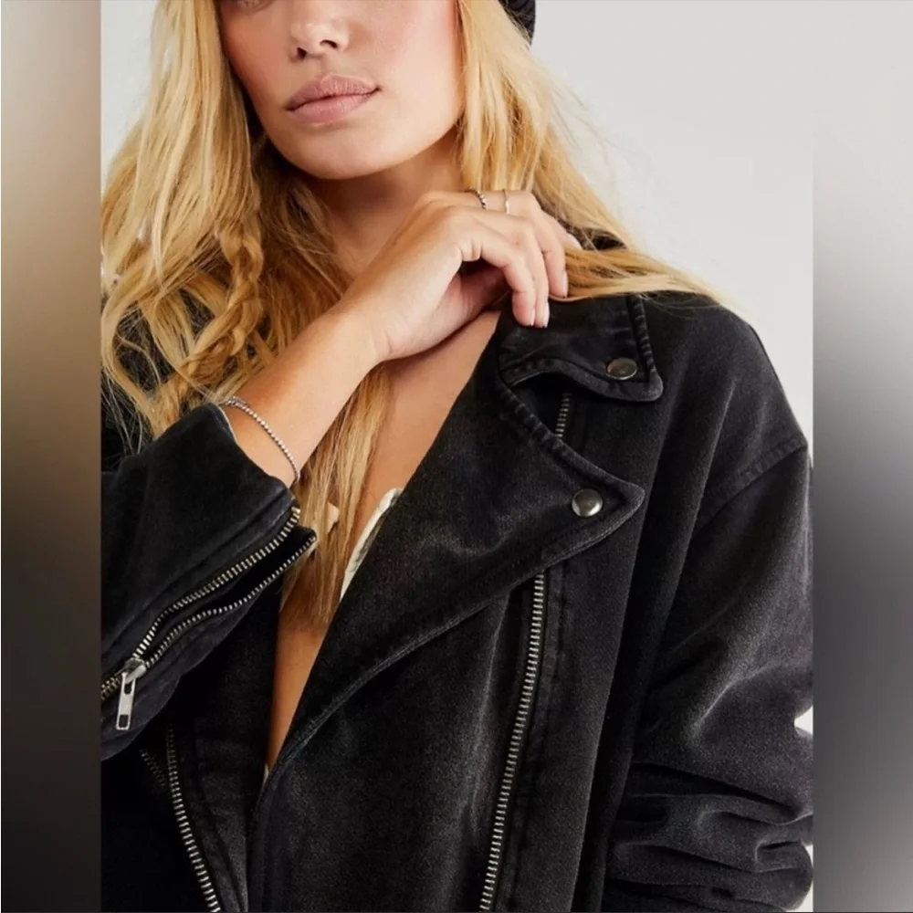 FREE PEOPLE Denim Moto Jacket in Black Rebel Rebel Knit Moto Jacket in Black NWT - Picture 5 of 10